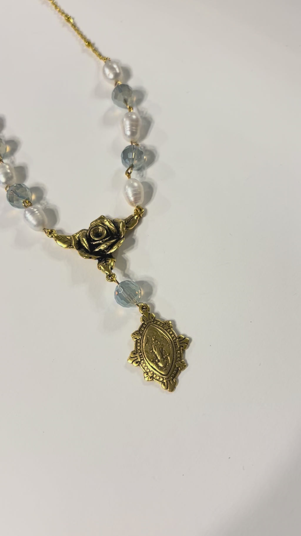 "Mystic Rose" Collection - Antique Gold Pearl and Ice Blue Crystal Rosary Necklace