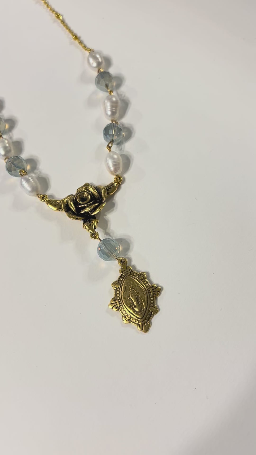 "Mystic Rose" Collection - Antique Gold Pearl and Ice Blue Crystal Rosary Necklace